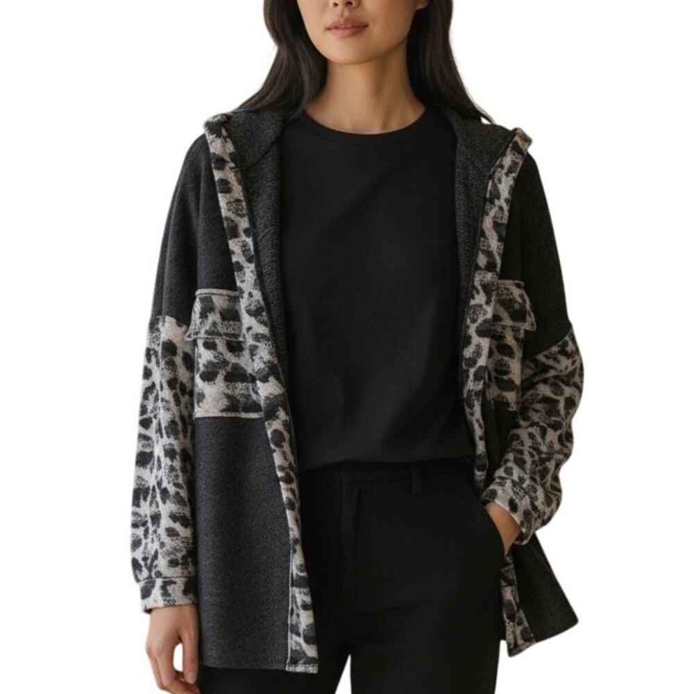 Hailey & Co NEW Leopard Hoodie Shacket Womens Large Black Shirt Jacket Animal